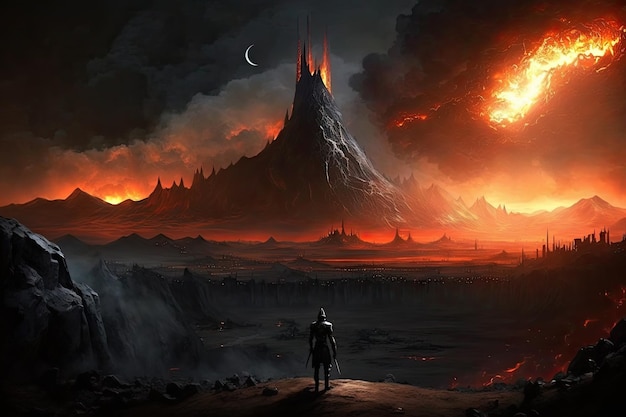 Mordor avec vue sur une forteresse brûlante et fumante au loin