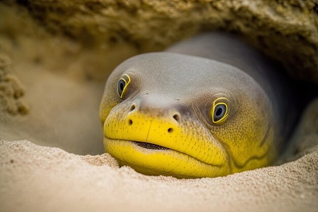 Photo une morène jaune-gris morte avec sa tête sur le sable du fond de l'océan