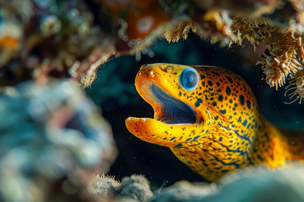 Photo une morène jaune vibrante surplombant le récif corallien dans une scène de vie marine sous-marine