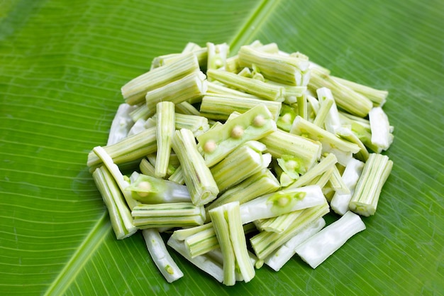 Moringa oleifera sur feuilles de bananier