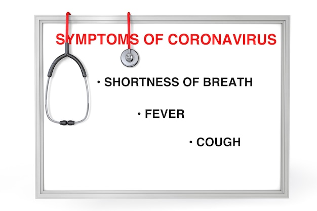 Mortel 2019 - Symptômes du virus corona nCoV Wuhan sur tableau blanc sur fond blanc. Rendu 3D