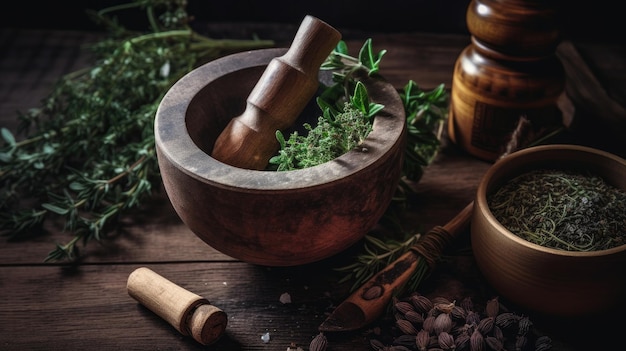 Un mortier et un pilon en bois avec des herbes sur une table