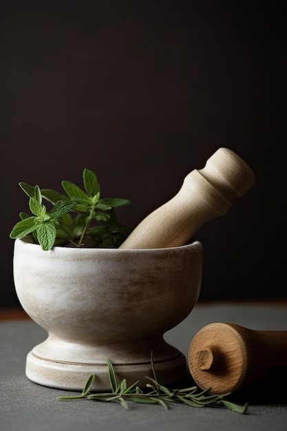 Un mortier et un pilon avec une cuillère en bois sur une table.