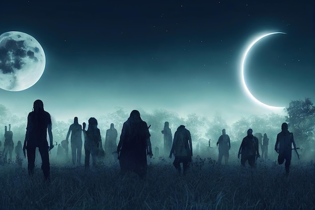 Les morts-vivants arrivent sur le fond du ciel nocturne et de la lune dans le cimetière Concept art