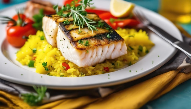 Photo la morue grillée sur du riz au safran avec des légumes