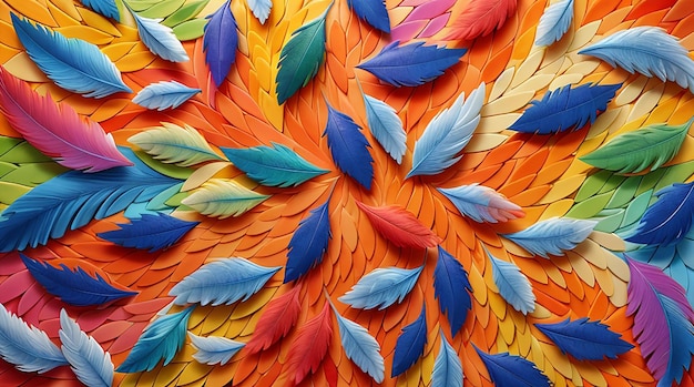 Une mosaïque abstraite captivante de plumes dans un éventail de teintes vives