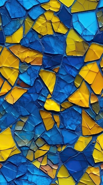 Une mosaïque bleue et jaune avec le mot amour dessus.