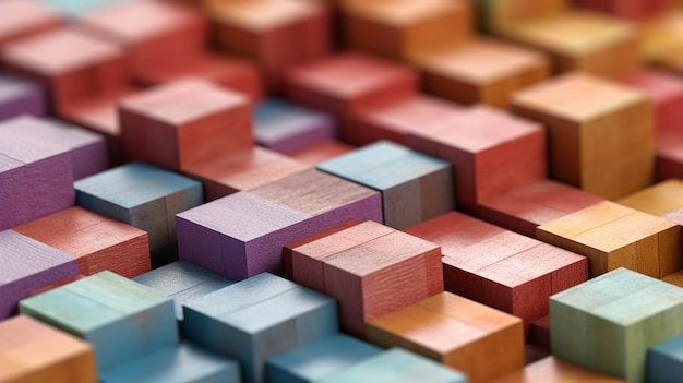 Une mosaïque de blocs de bois colorés isolés sur un fond blanc neutre IA générative