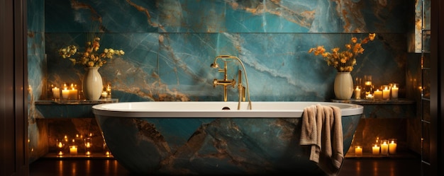 Une mosaïque de carreaux de marbre en bleu et en or frais