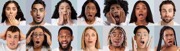 Photo mosaïque de jeunes étonnés posant sur un collage gris