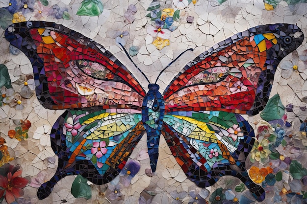 Une mosaïque d'un papillon sur un mur de carreaux Generative Ai