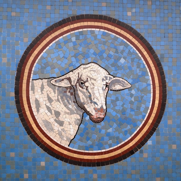 Mosaïque provenant d'une ancienne boucherie du 19ème siècle représentant un agneau