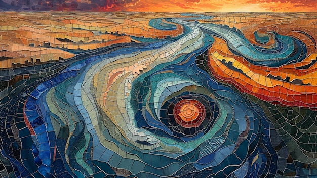 Mosaïque d'une rivière avec des vagues au coucher du soleil Illustration