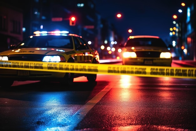 mosaïque de scène de crime dans une rue de ville isolée avec des feux de voiture de police rouges et bleus et des forces de l'ordre