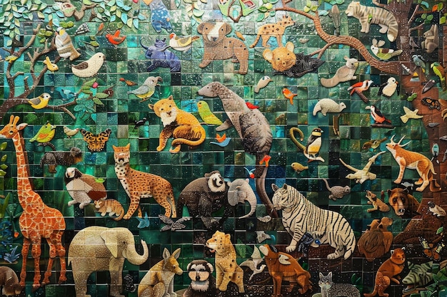 Une mosaïque vibrante représentant un groupe diversifié d'animaux vivant ensemble pacifiquement dans un environnement naturel vert Une mosaïsque d'animau sauvé vivant en harmonie avec les humains dans un sanctuaire