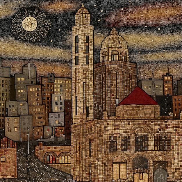 Mosaïque d'une ville le soir