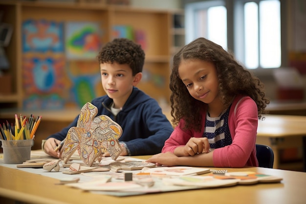 Mosaïques attentives élèves dans la salle de classe du bureau