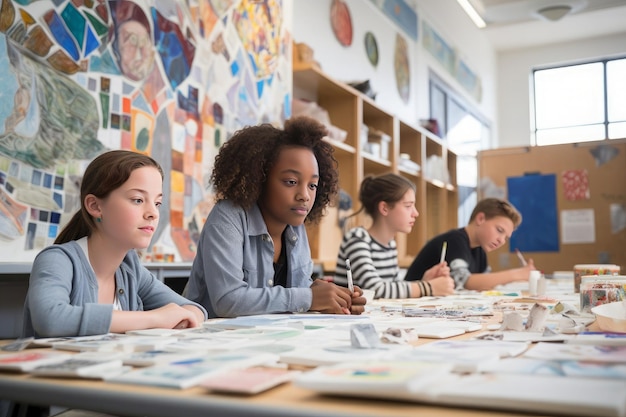 Mosaïques attentives élèves dans la salle de classe du bureau