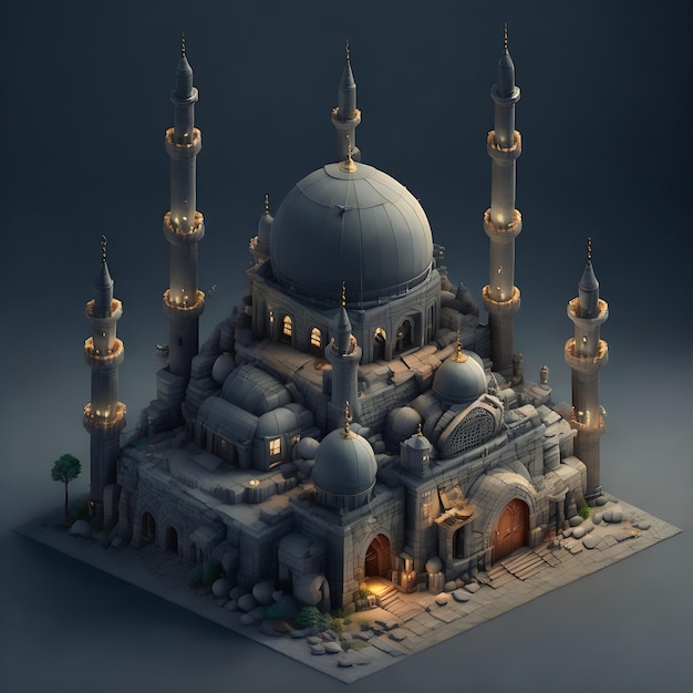 une mosquée 3D complète avec un fond noir