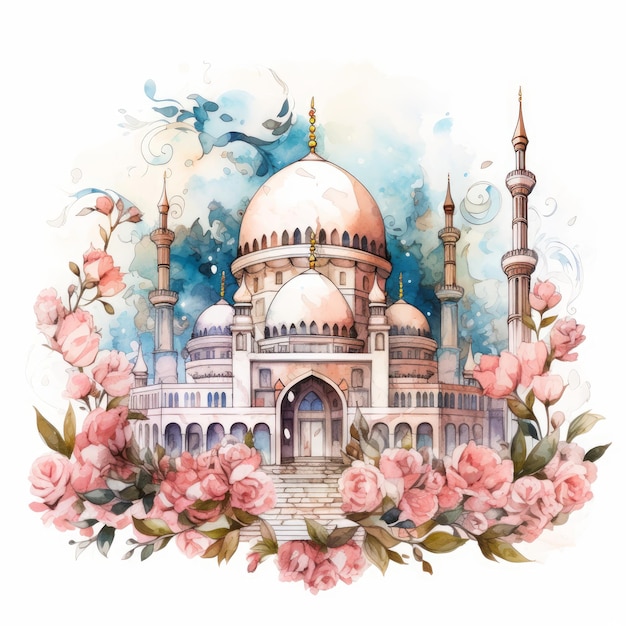 Mosquée d'aquarelle abstraite avec des couleurs vives et mosquée d'eau à la recherche de fleurs et de roses