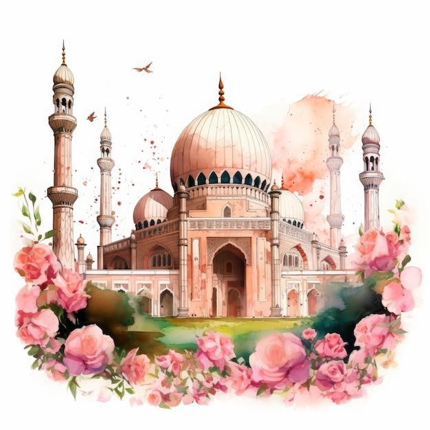 Mosquée d'aquarelle abstraite avec des couleurs vives et mosquée d'eau à la recherche de fleurs et de roses