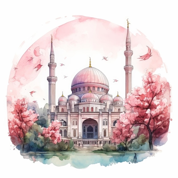 Mosquée d'aquarelle abstraite avec des couleurs vives et mosquée d'eau à la recherche de fleurs et de roses