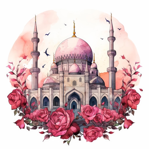 Mosquée d'aquarelle abstraite avec des couleurs vives et mosquée d'eau à la recherche de fleurs et de roses