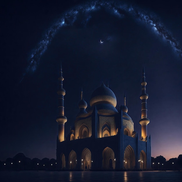 Mosquée arabe avec étoiles et lune dans le beau ciel eid ul adha