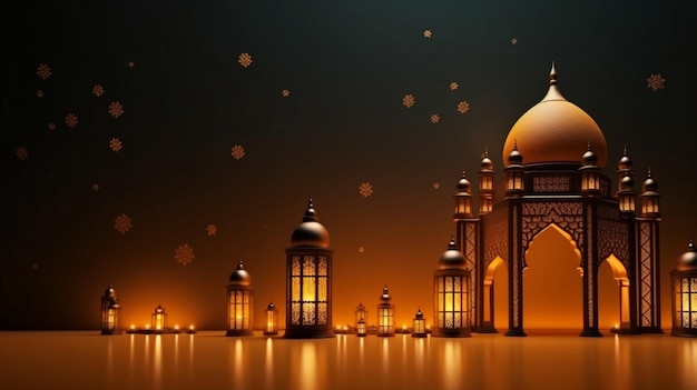 mosquée arabe et lanternes de célébration du ramadan illustration de fond AI générative
