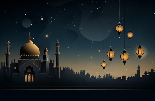 Mosquée en arrière-plan et lanternes lumineuses dans le noir