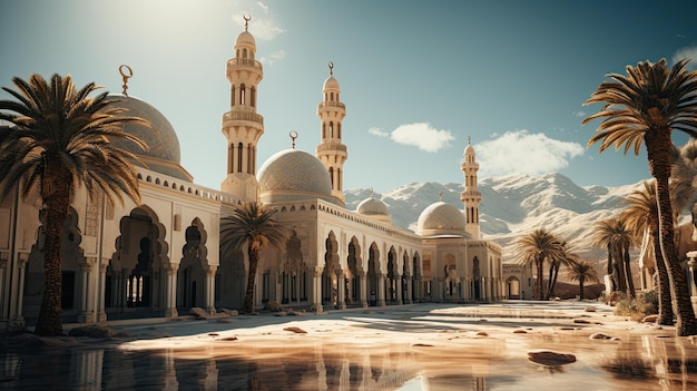 mosquée au coucher du soleil dans un grand paysage