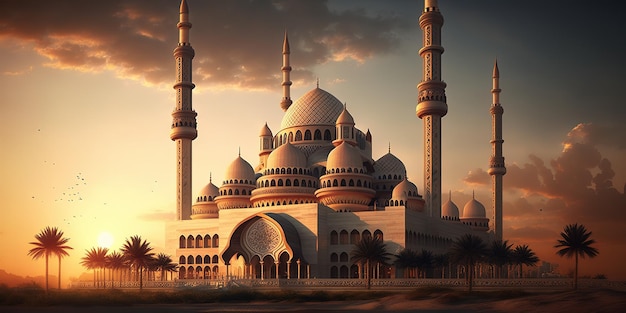 Une mosquée au coucher du soleil avec le soleil qui brille dessus.