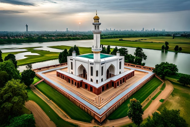 Une mosquée au milieu d'un champ avec une rivière en arrière-plan