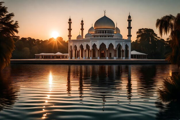 Une mosquée au milieu d'un lac avec le soleil qui se couche derrière elle