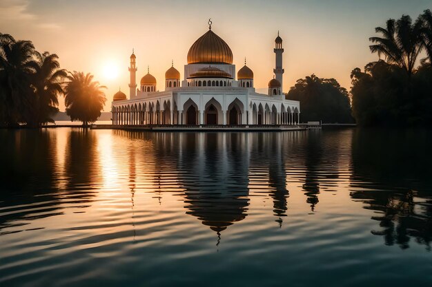 Une mosquée au milieu d'un lac avec le soleil qui se couche derrière elle