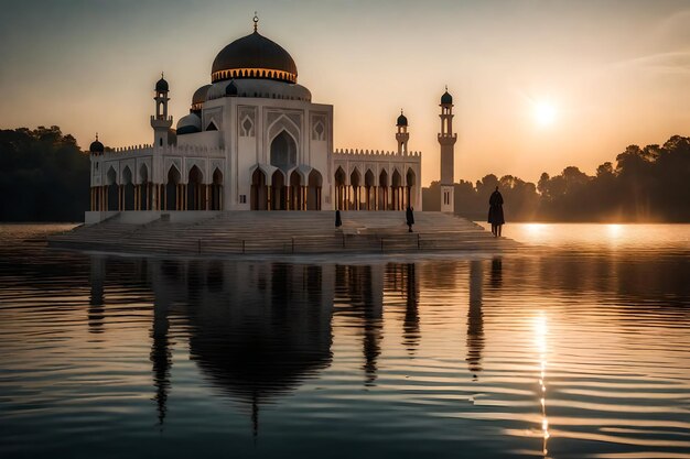 Une mosquée au milieu d'un lac avec le soleil qui se couche derrière elle