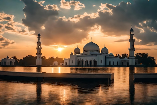 Une mosquée au milieu d'un lac avec le soleil qui se couche derrière elle