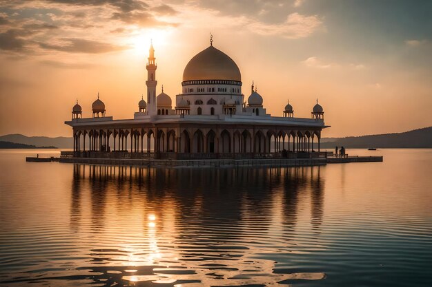 Une mosquée au milieu d'un lac avec le soleil qui se couche derrière elle