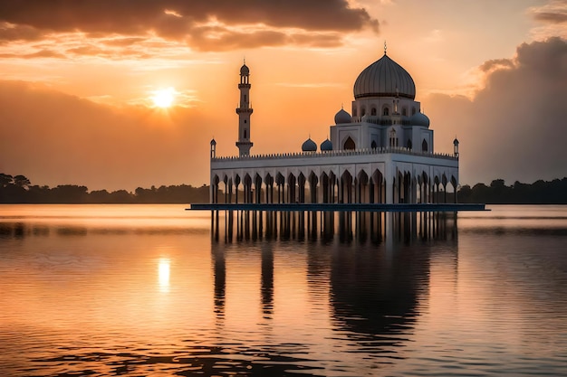 Une mosquée au milieu d'un lac avec le soleil qui se couche derrière elle