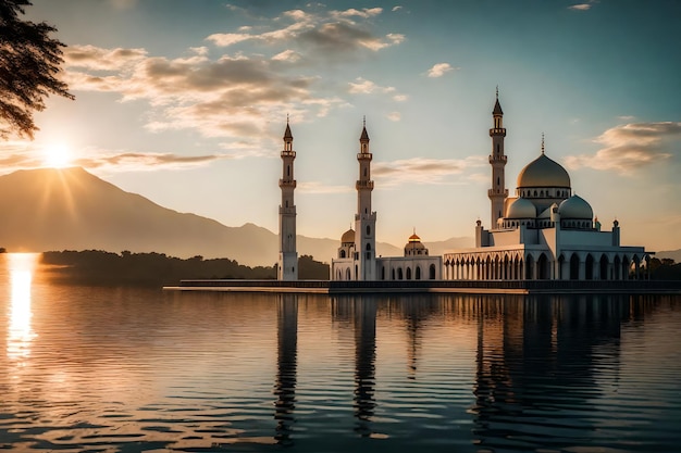 Une mosquée au milieu d'un lac avec le soleil qui se couche derrière elle