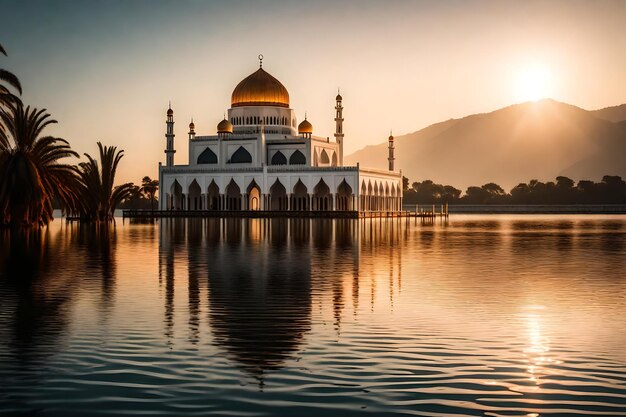 Une mosquée au milieu d'un lac avec le soleil qui se couche derrière elle