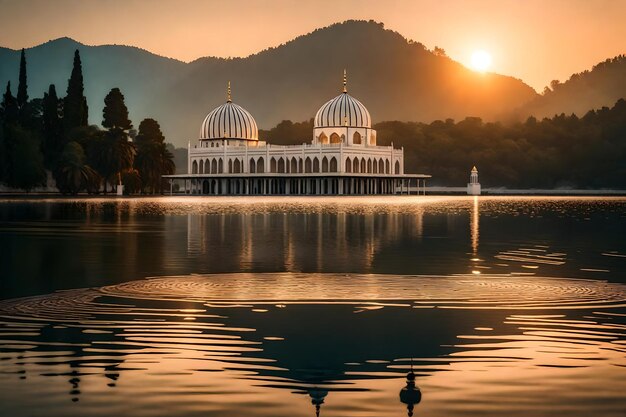 Photo une mosquée au milieu d'un lac avec le soleil qui se couche derrière elle