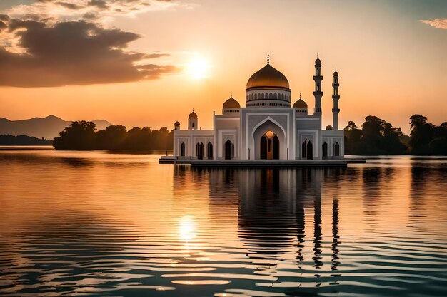 Une mosquée au milieu d'un lac avec le soleil qui se couche derrière elle