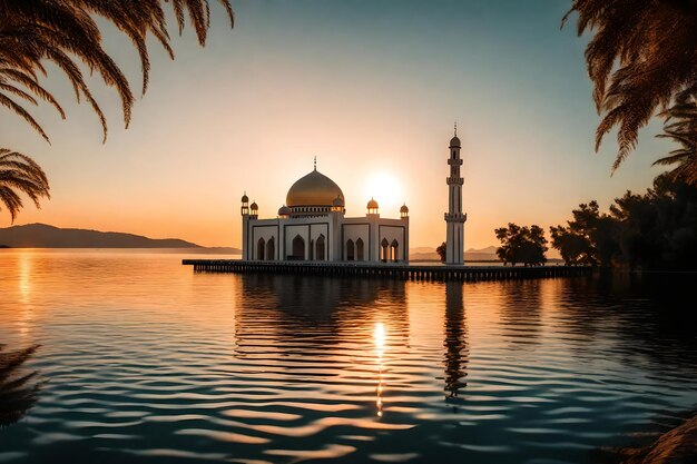 Une mosquée au milieu d'un lac avec le soleil qui se couche derrière elle