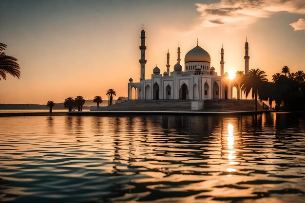 Une mosquée au milieu d'un lac avec le soleil qui se couche derrière elle