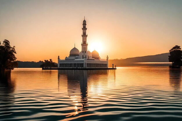 Photo une mosquée au milieu d'un lac avec le soleil qui se couche derrière elle