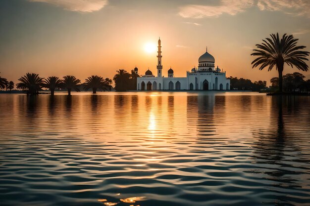 Une mosquée au milieu d'un lac avec le soleil qui se couche derrière elle