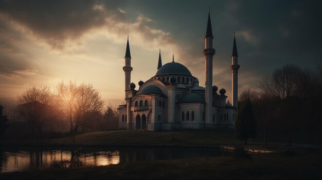 Une mosquée au milieu d'un lac avec le soleil se couchant derrière