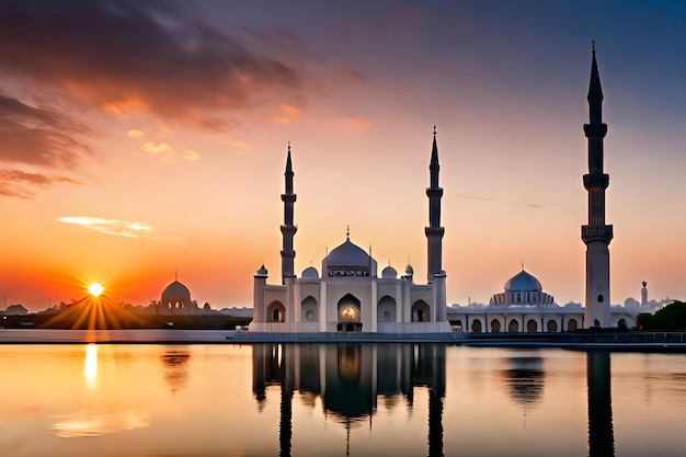 Une mosquée au milieu d'un lac avec le soleil se couchant derrière