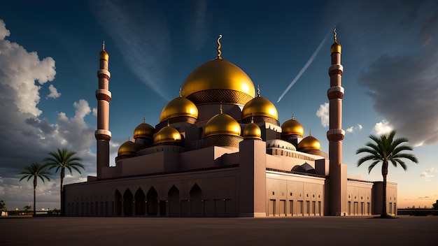 Une mosquée aux dômes dorés et au ciel bleu